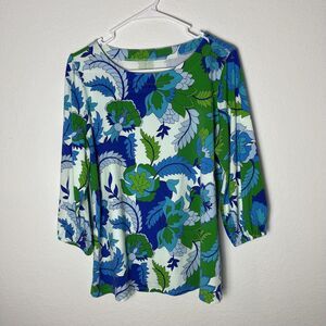 Belle Kim Floral Shirt Womens Medium Blue Green Retro 3/4 Sleeve Psychedelic 70s